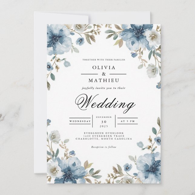 Dusty Blue Floral Archway Wedding Invitation (Front)