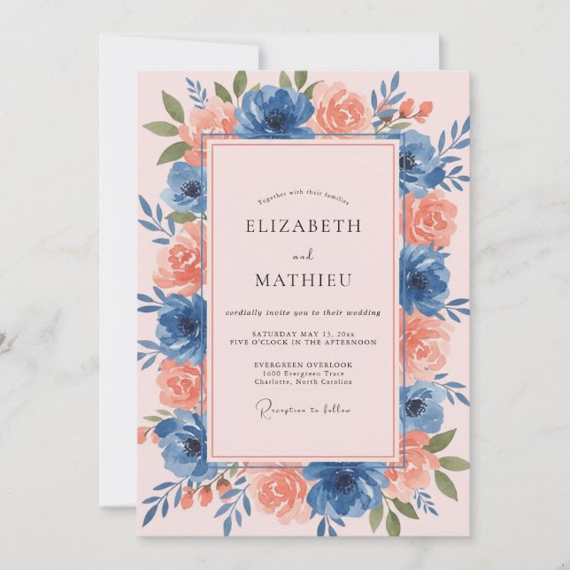 Dusty Blue Floral Artistry Wedding Invitation (Front)