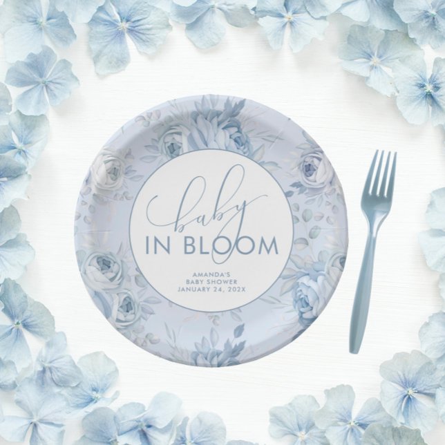 Dusty Blue Floral Baby in Bloom Baby Shower Paper Plate (Creator Uploaded)