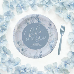 Dusty Blue Floral Baby in Bloom Baby Shower Paper Plate