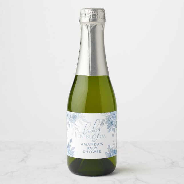 Dusty Blue Floral Baby in Bloom Baby Shower Sparkling Wine Label (Front)