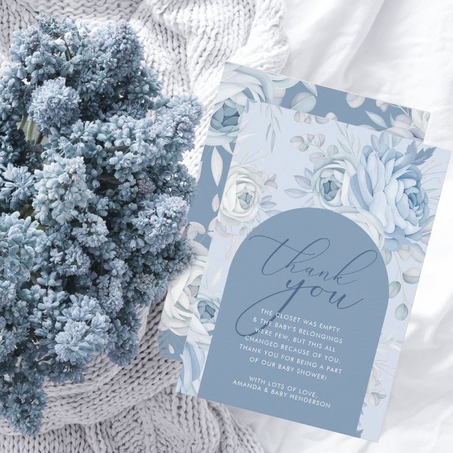 Dusty Blue Floral Baby in Bloom Baby Shower Thank You Card (Dusty Blue Floral Thank You Card)