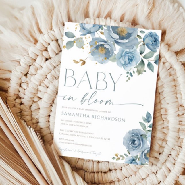 Dusty blue floral Baby in Bloom boy baby shower Invitation (Creator Uploaded)