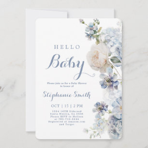 Dusty Blue Floral Baby Shower Boy Invitation