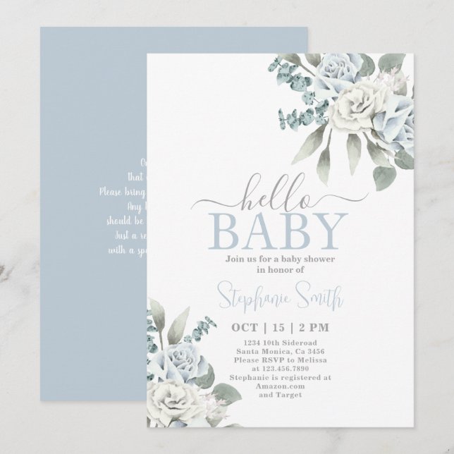 Dusty Blue Floral Baby Shower Boy Invitation (Front/Back)