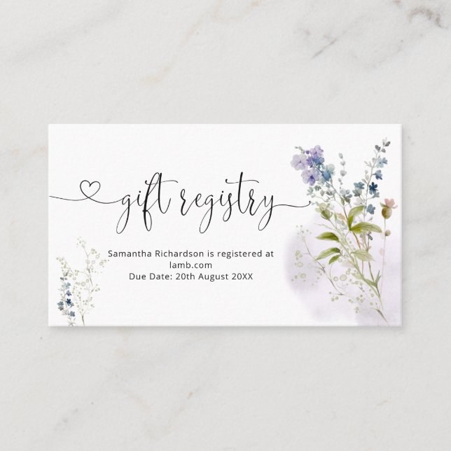 Dusty Blue Floral Baby Shower Gift Registry  Business Card (Front)