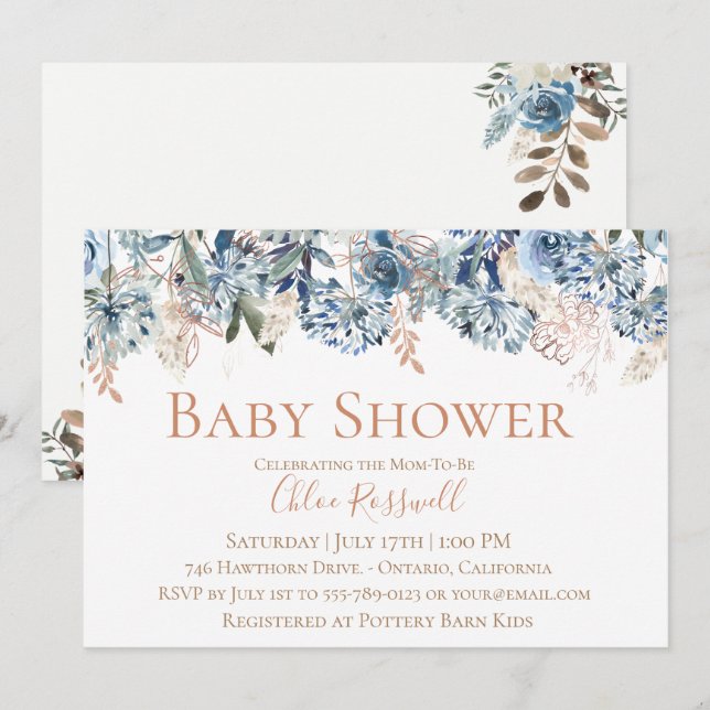 Dusty Blue Floral Baby Shower Invitation (Front/Back)