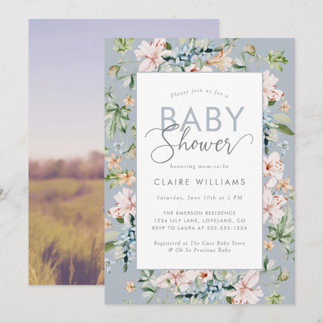 Dusty Blue Floral Baby Shower Invitation (Front/Back)