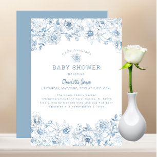 Dusty Blue Floral Baby Shower Invite with Elegant 