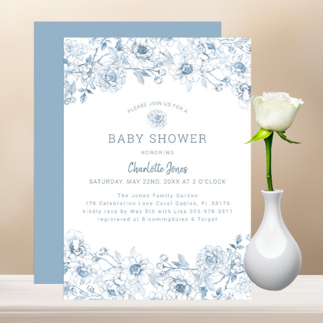 Dusty Blue Floral Baby Shower Invite with Elegant  (Dusty Blue Baby Shower Invitation)