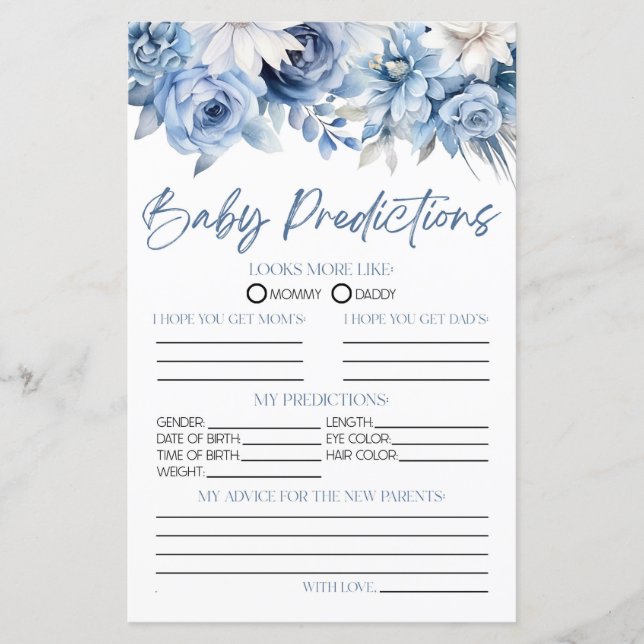 Dusty Blue Floral Baby Shower Predictions Game (Front)