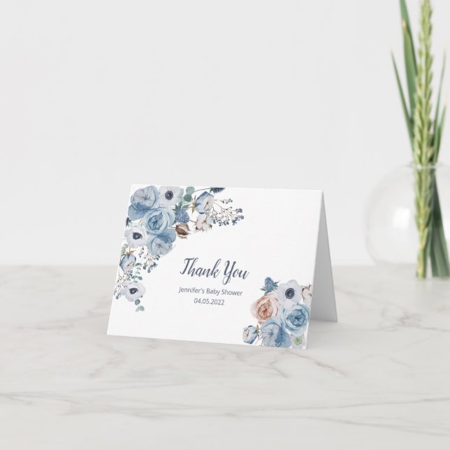 Dusty blue  Floral Baby Shower  Thank You Card (Front)