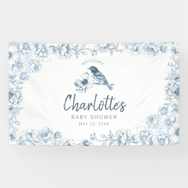 Dusty Blue Floral Baby Shower Welcome Banner (Horizontal)