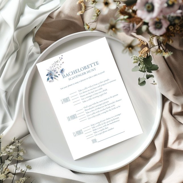 Dusty blue floral bachelorette Scavenger game Card (Creator Uploaded)