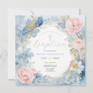 Dusty Blue Floral Baptism Invitation