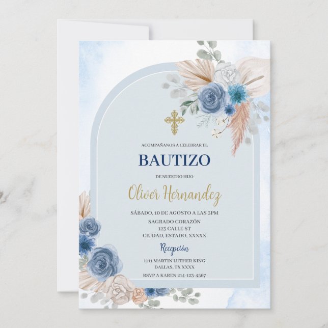 Dusty Blue Floral Bautizo Spanish Invitation (Front)