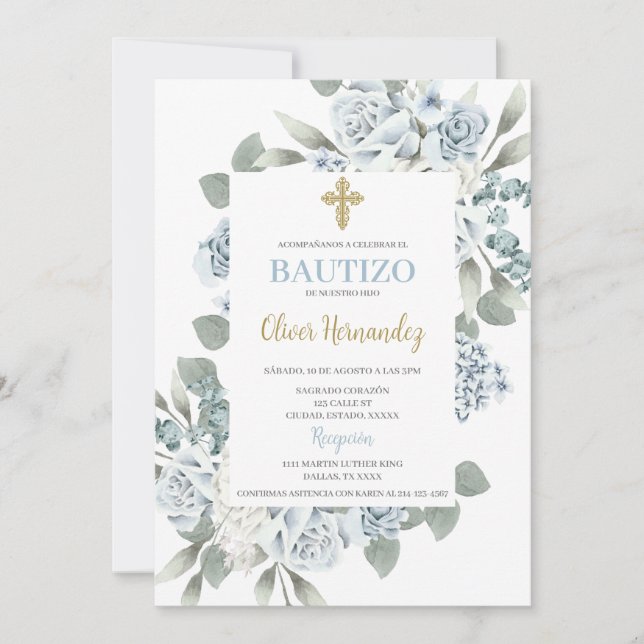 Dusty Blue Floral Bautizo Spanish Invitation (Front)