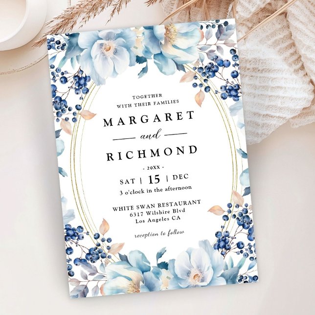 Dusty Blue Floral Berry Christmas Winter Wedding  Invitation (Creator Uploaded)