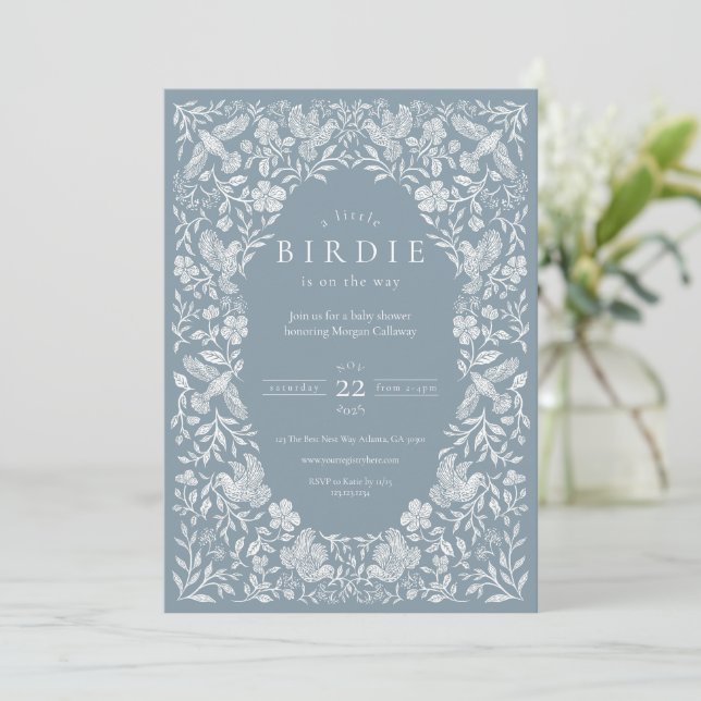 Dusty Blue Floral Birdie Baby Shower Invitation (Standing Front)