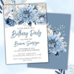 Dusty Blue Floral Birthday Party Invitation