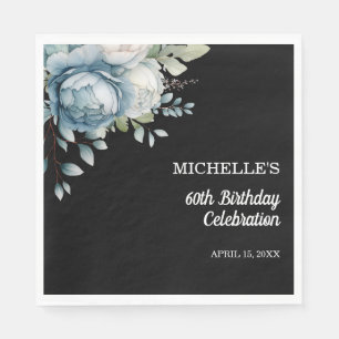 Dusty Blue Floral Black 60th Birthday Napkin