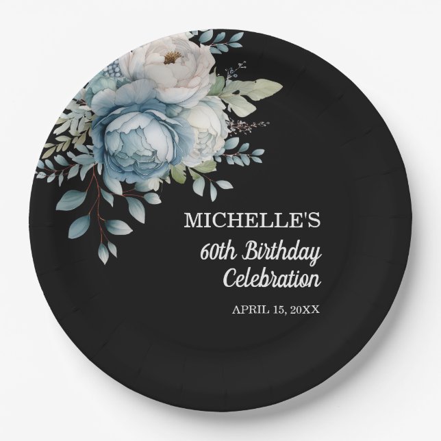 Dusty Blue Floral Black 60th Birthday Paper Plate (Front)