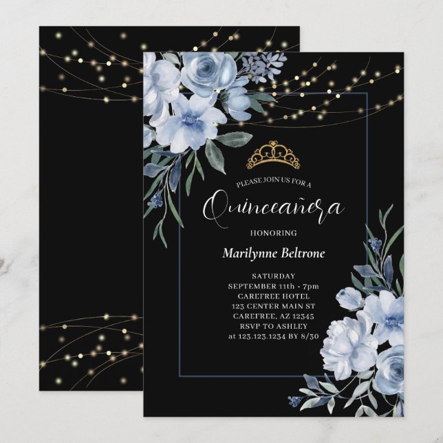 Dusty Blue Floral Black Quinceañera Invitation (Front/Back)