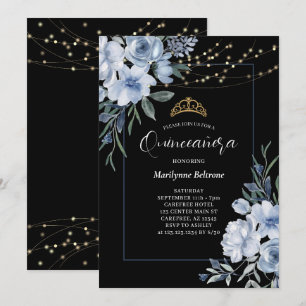 Dusty Blue Floral Black Quinceañera Invitation