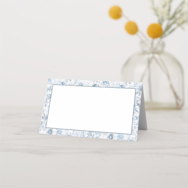 Dusty Blue Floral Blank Place Cards Elegant (Front)