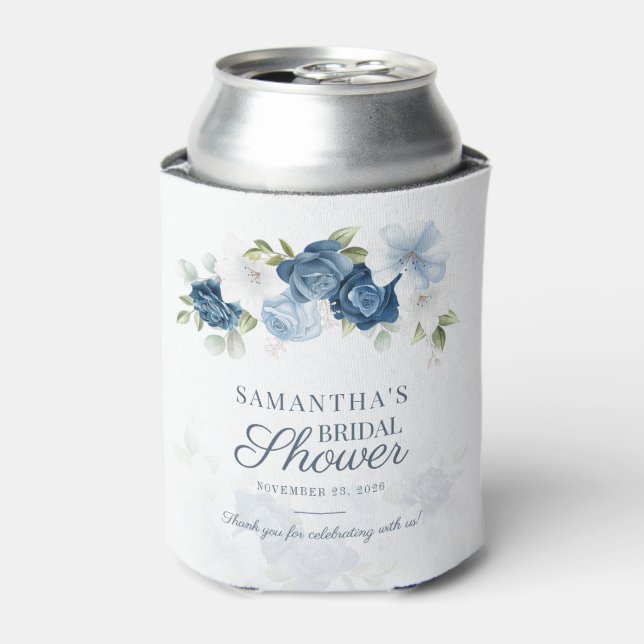Dusty Blue Floral Bloom Eucalyptus Greenery Can Cooler (Can Front)