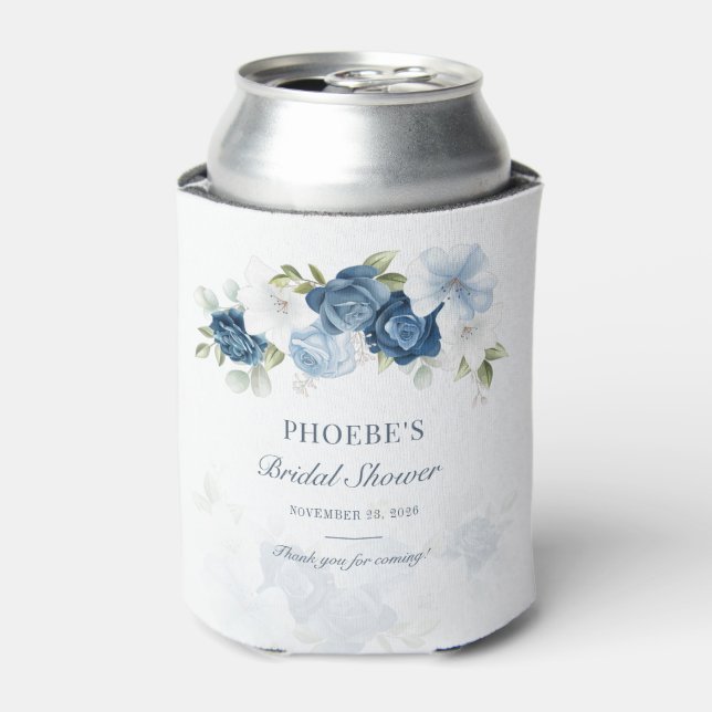 Dusty Blue Floral Bloom Eucalyptus Succulent Can Cooler (Can Front)