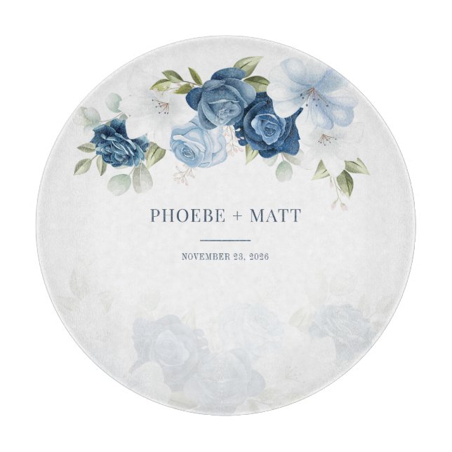 Dusty Blue Floral Bloom Eucalyptus Succulent Cutting Board (Front)