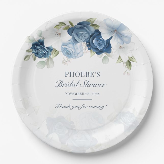 Dusty Blue Floral Bloom Eucalyptus Succulent Paper Plate (Front)