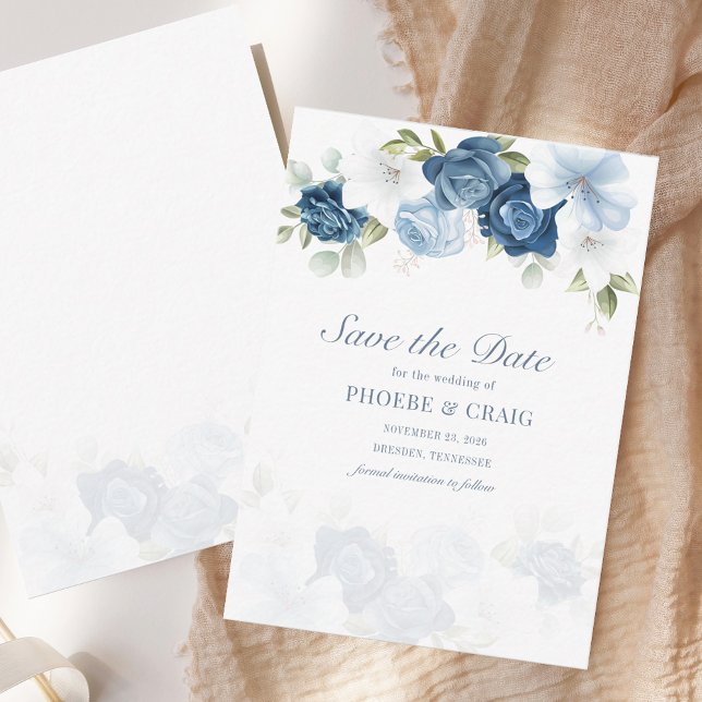 Dusty Blue Floral Bloom Save the Date Announcement (Dusty Blue Floral Bloom Save the Date Announcement)