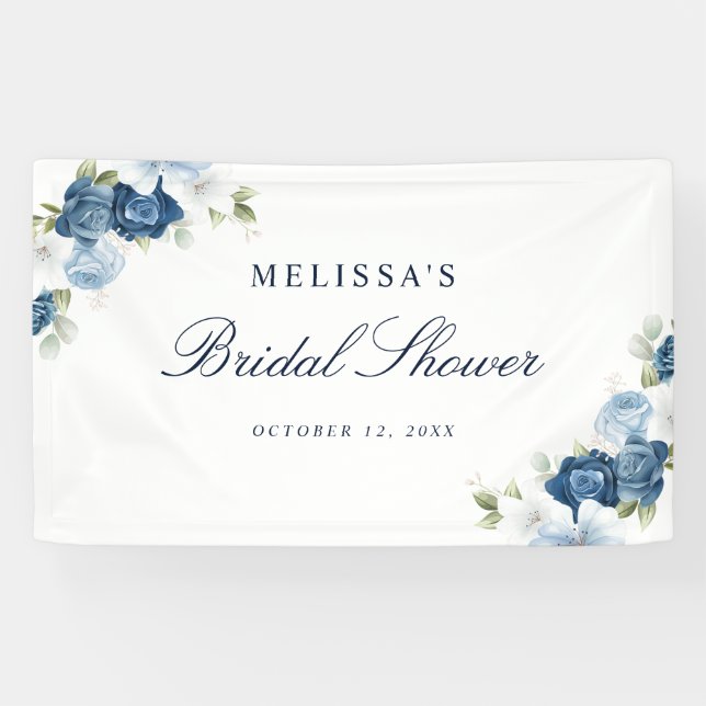 Dusty Blue Floral Bloom Script Bridal Shower Banner (Horizontal)