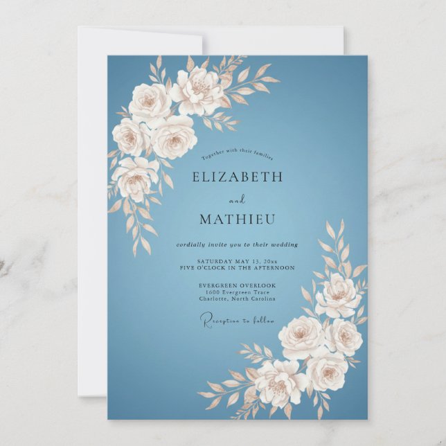 Dusty Blue Floral Blossom Wedding Invitation (Front)