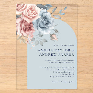 Dusty Blue Floral Blush Pink Rose Arch Wedding  Acrylic Invitations