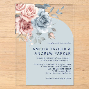 Dusty Blue Floral Blush Pink Rose Arch Wedding  Acrylic Invitations