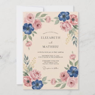 Dusty Blue Floral Blush Wedding Invitation