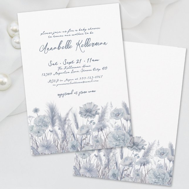 Dusty Blue Floral Boho Baby Shower Invitation (Dusty Blue Pampas Floral Boho Baby Shower Invitation)