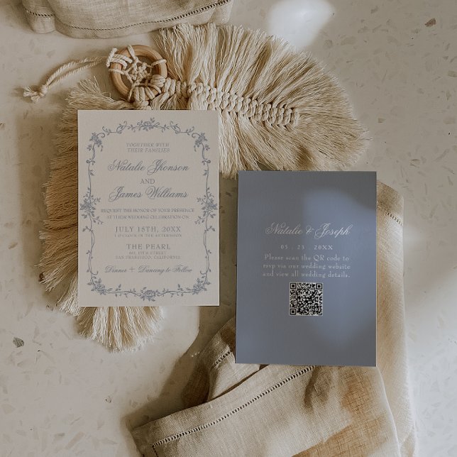 Dusty Blue Floral Boho Botanical QR Code Wedding Invitation (Creator Uploaded)