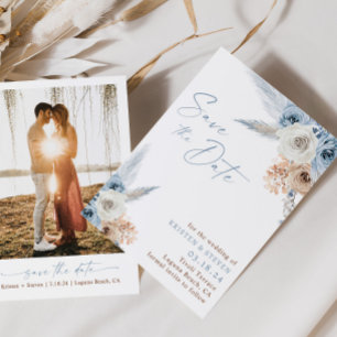 Dusty Blue Floral Boho Bridal Save The Date Invitation