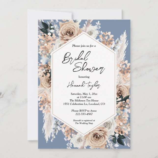 Dusty Blue Floral Boho Bridal Shower Invitation (Front)