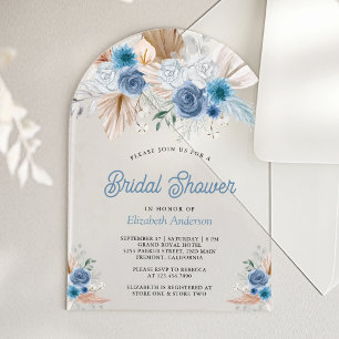 Dusty Blue Floral Boho Pampas Bridal Shower Acrylic Invitations