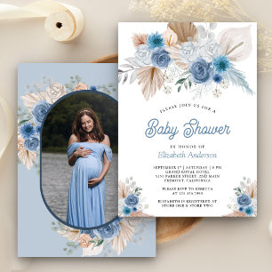 Dusty Blue Floral Boho Pampas Photo Baby Shower Invitation