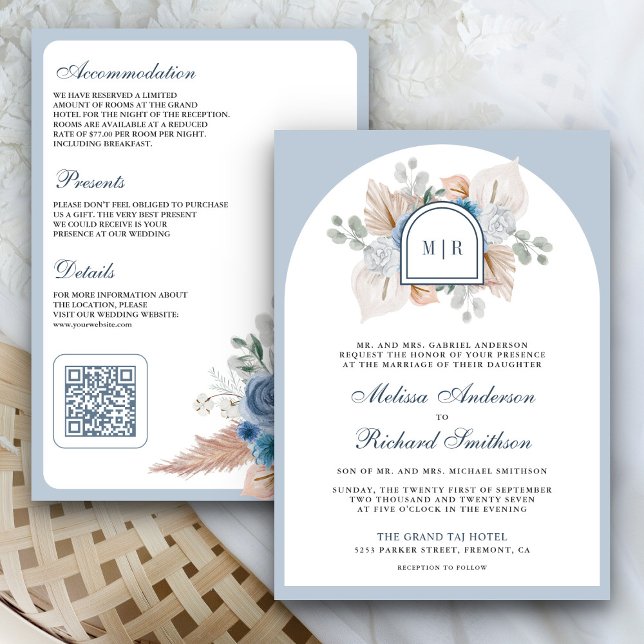 Dusty Blue Floral Boho Pampas QR Code Wedding Invitation (Creator Uploaded)