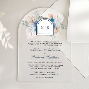 Dusty Blue Floral Boho Pampas Wedding Acrylic Invitations