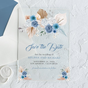 Dusty Blue Floral Boho Wedding Save the Date Acrylic Invitations