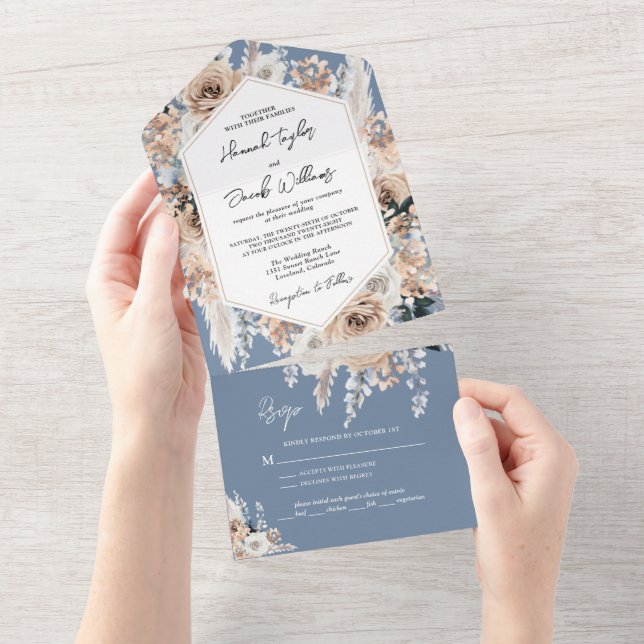 Dusty Blue Floral Boho Wedding with RSVP  All In One Invitation (Tearaway)