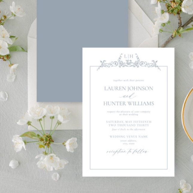 Dusty Blue Floral Border Monogram Wedding Invitation (Creator Uploaded)